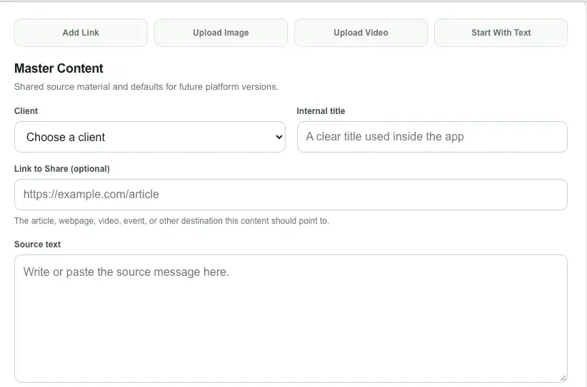 Social media hub interface for creating master content