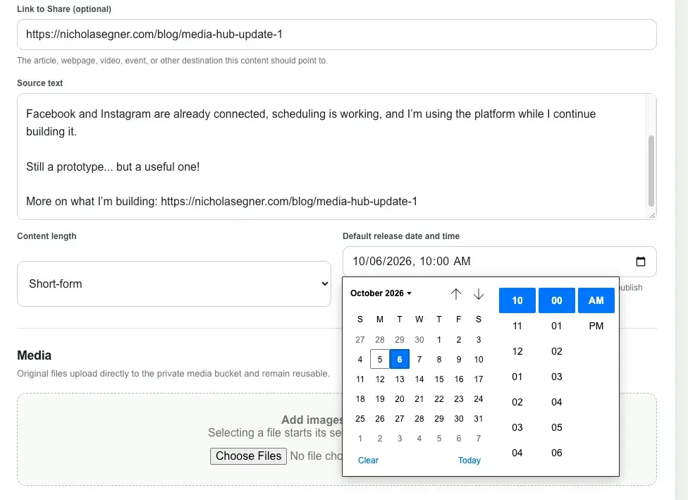 Scheduling interface for choosing when a social media post should publish